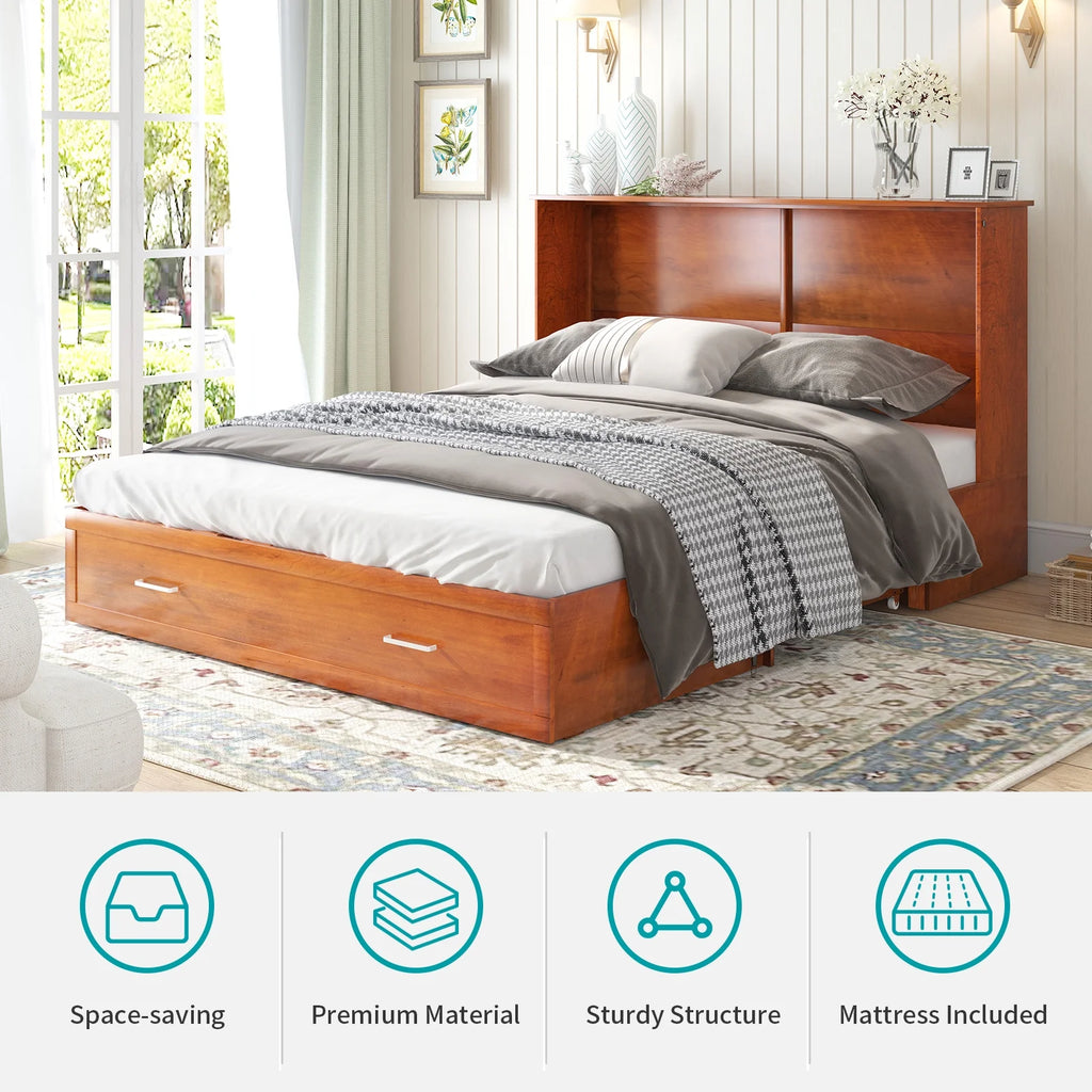 BALUS Murphy Bed Cabinet with Mattress,Modern Muti-Functional Cube Cabinet Bed with USB Charging Station&2 Large Drawers&3 Level Folding Foam Mattress for Living Room/Loft/Apartment,Queen (Cherry)