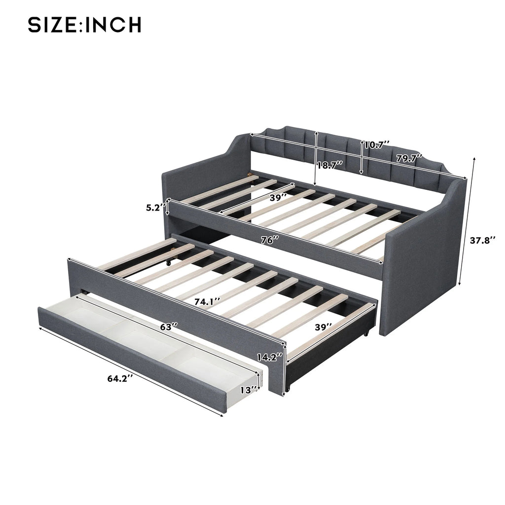 Bellemave Upholstered Daybed with Trundle and 3 Drawers, Twin Size Daybed Frame with Storage, Sofa Bed for Bedroom, Living Room, Guest Room (Gray)