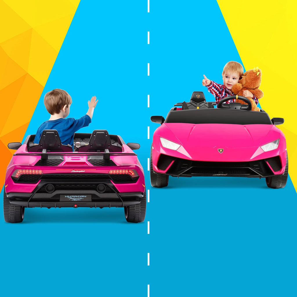 24V Ride on Cars 2 Seater for Kids, Lamborghini Huracan Battery Powered Ride on Toy Sports Car with Remote Control, Electric Car for Girls Boys 3-8 with Music/LED Lights/Bluetooth/4WD, Pink