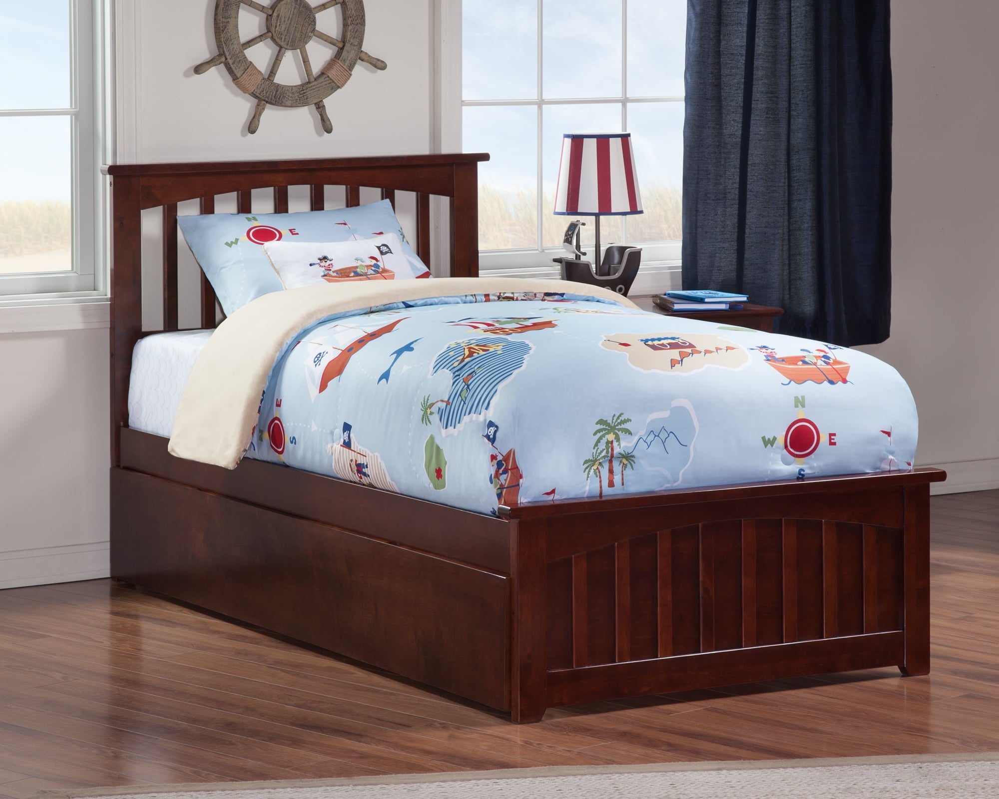 AFI Mission Full Platform Bed with Footboard and Twin Trundle in Walnut