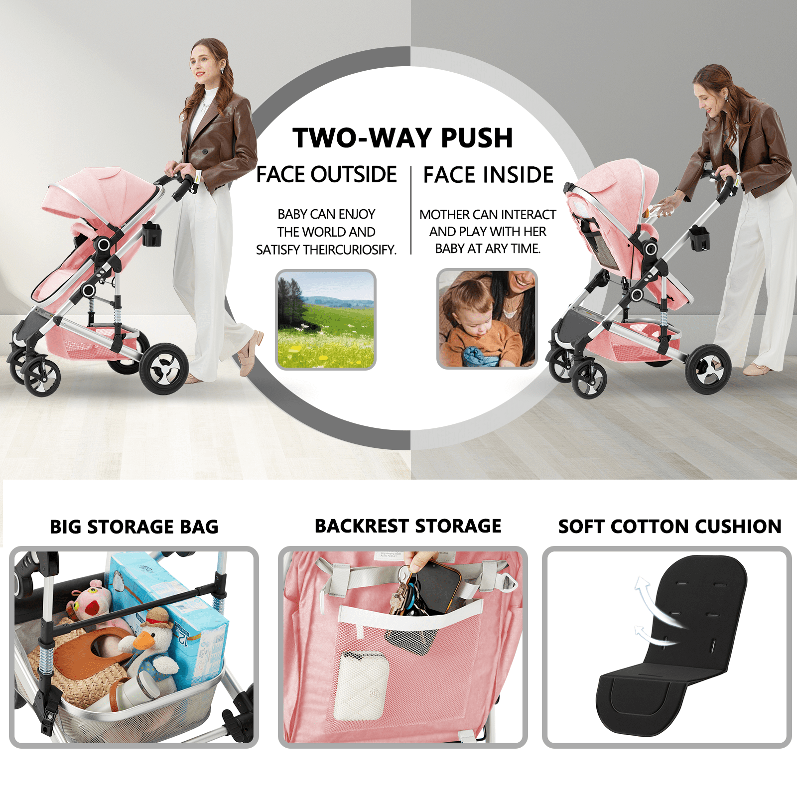 AILEEKISS 2 in 1 Convertible Baby Stroller, Unisex Folding Infant Newborn Bassinet Pram, Dark Grey