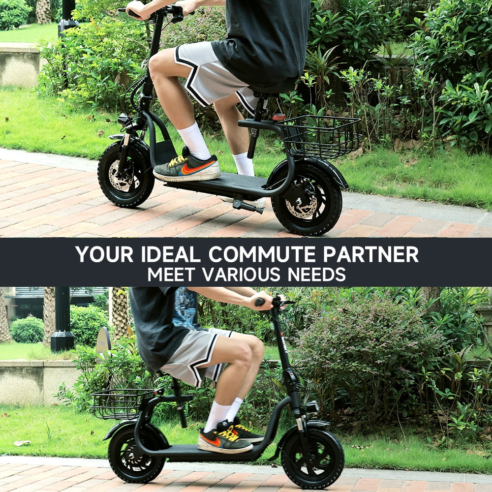500W Adult Shock Absorption Electric Scooter with Seat 12" Commuter Electric Scooter With Carry Basket - Up to 25 Miles 18.6MPH