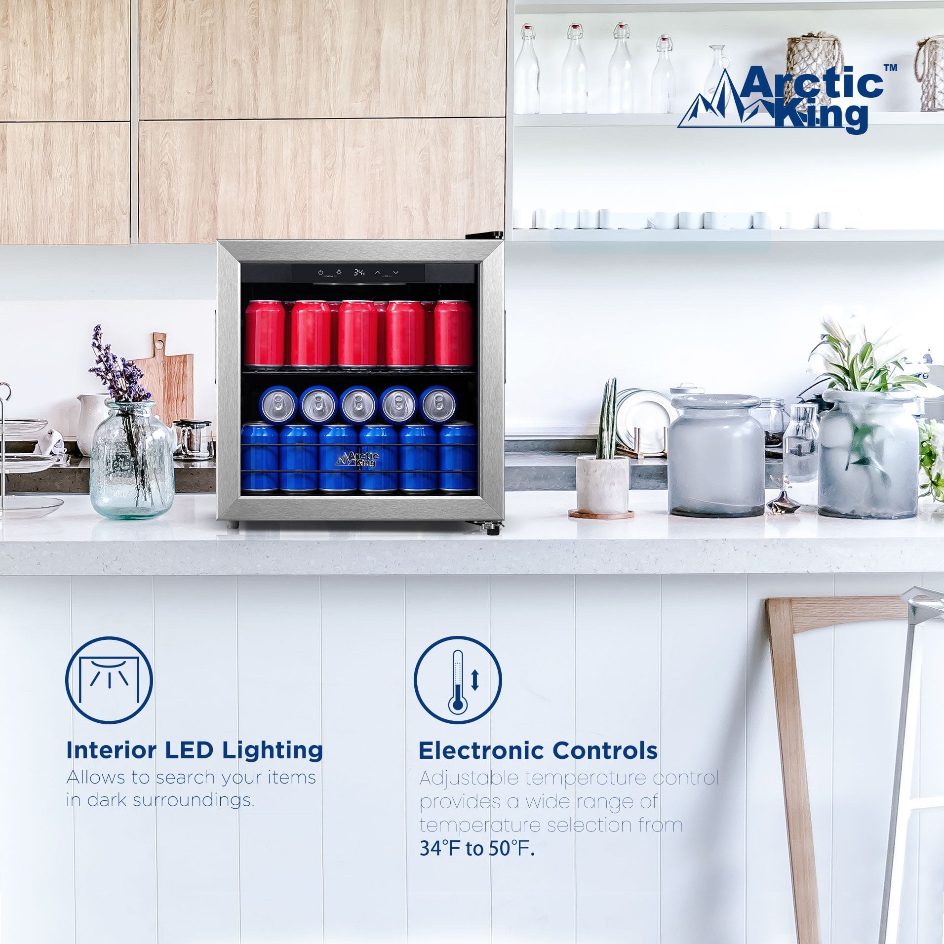 Arctic King 48-Can Stainless Steel Beverage Fridge & Cooler with Electrical Control, ARV48B1AST