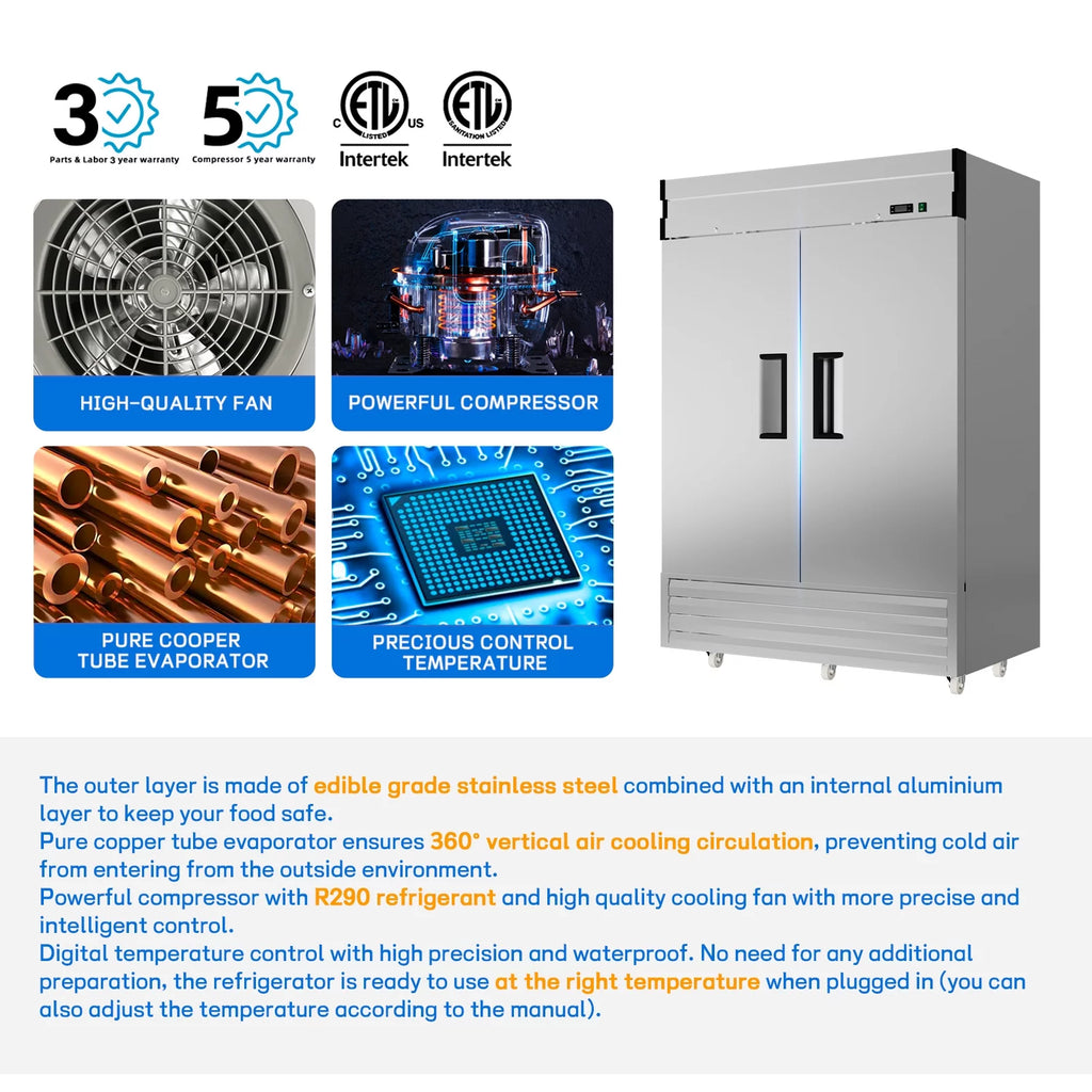 54"W Commercial Refrigerator, 2 Section Reach-in Solid Door, 49 Cu.ft Stainless Steel Upright Commercial Refrigerator, for Restaurant Shop Bar Residentials