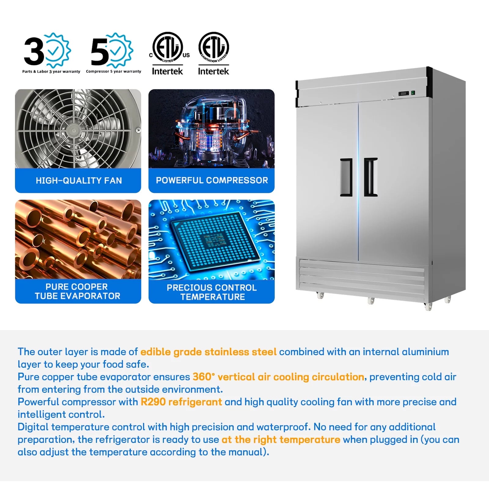 54"W Commercial Refrigerator, 2 Section Reach-in Solid Door, 49 Cu.ft Stainless Steel Upright Commercial Refrigerator, for Restaurant Shop Bar Residentials