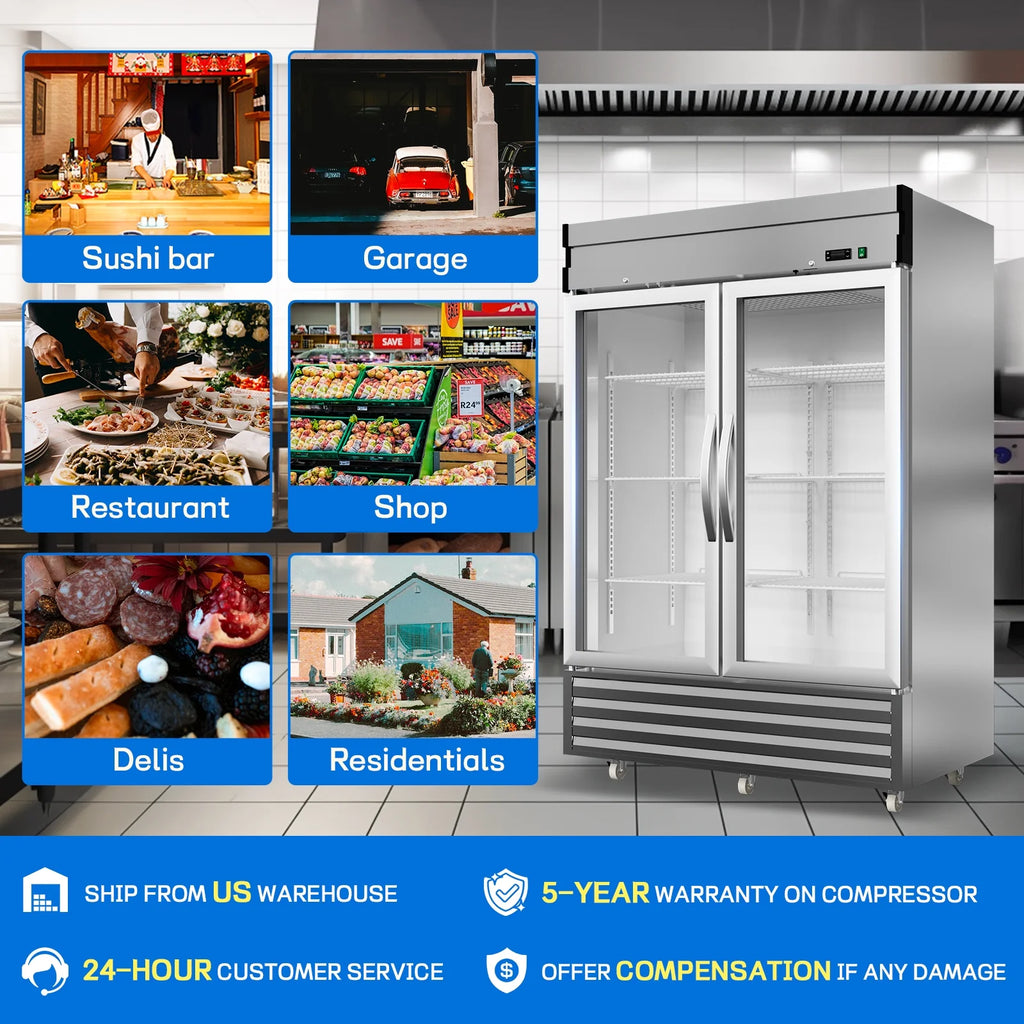 54"W 49 Cu.ft Commercial Refrigerator, NSF Stainless Steel Upright Reach-in, Solid Locked Door Dynamic Cooling with Lighting Temperature 33°F-41°F for Restaurant Bar Shop Residential