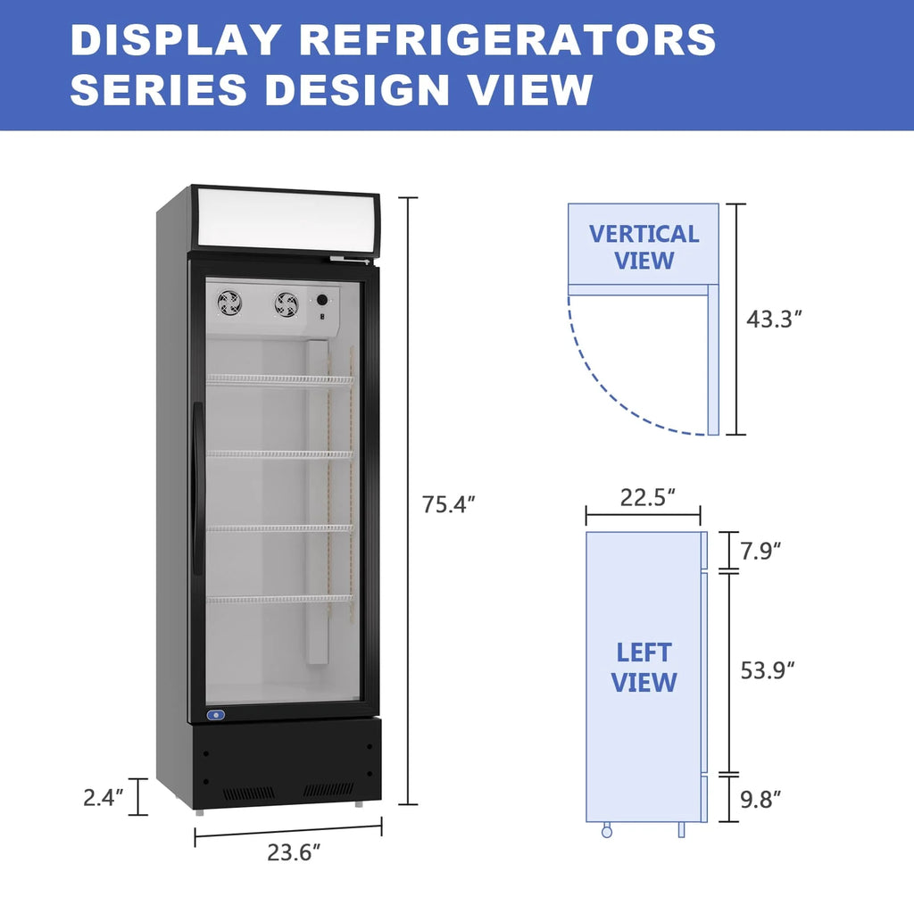 23 in. Merchandiser Refrigerator Display Glass Door Commercial Refrigerator 10.9 Cu.ft LED Lighting with Lightbox Black