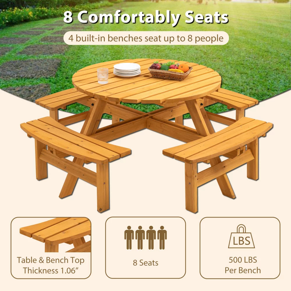 8-Person Circular Outdoor Wooden Picnic Table for Patio, Backyard, Garden, DIY w/ 3 Built-in Benches, 2000lb Capacity - Natural