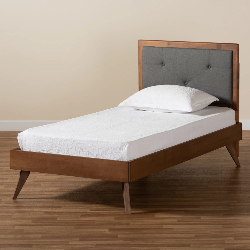 Baxton Studio Laima Mid-Century Modern Dark Grey Fabric Upholstered and Walnut Brown Finished Wood Twin Size Platform Bed