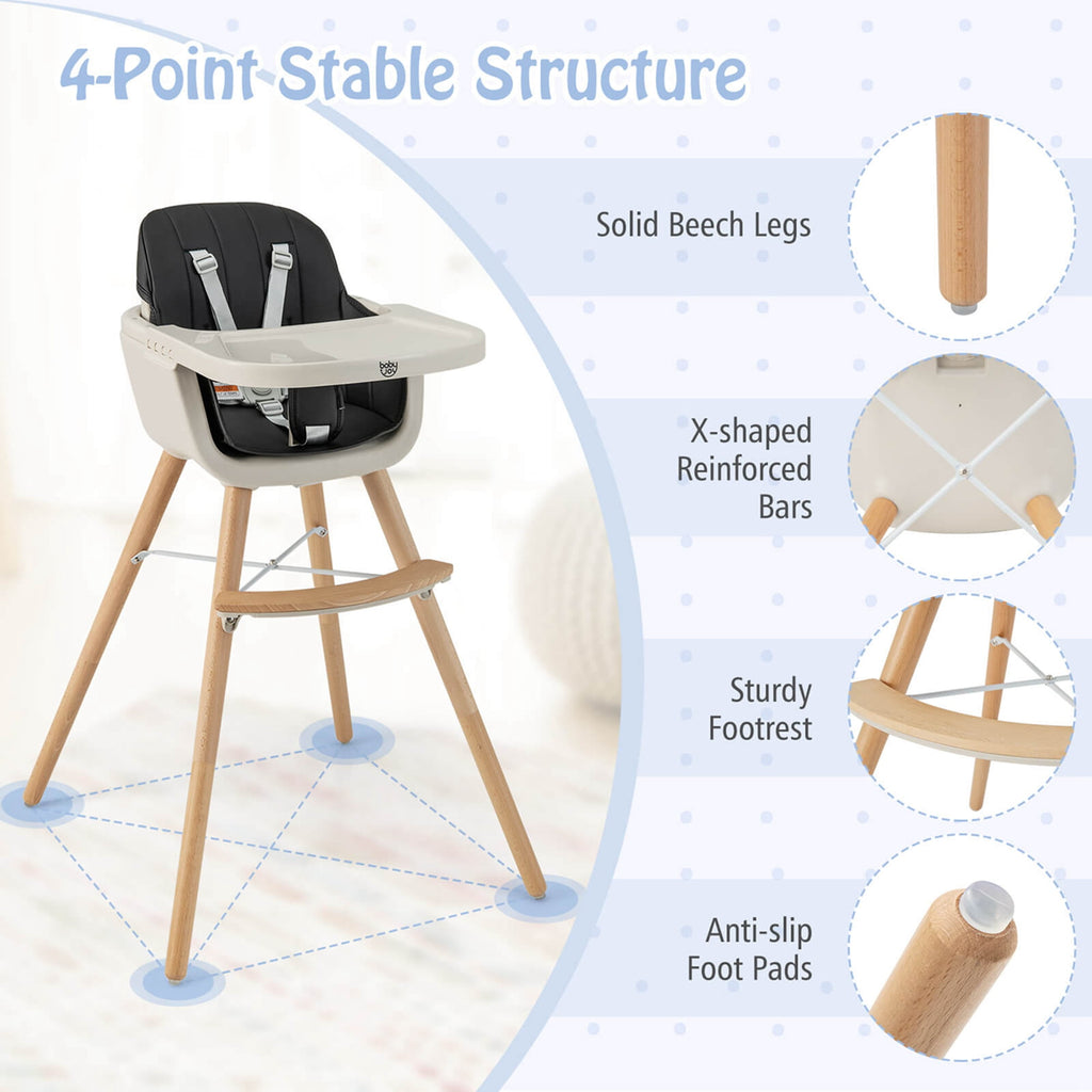 Babyjoy 3 in 1 Convertible Wooden High Chair Toddler Feeding Chair with Cushion Beige