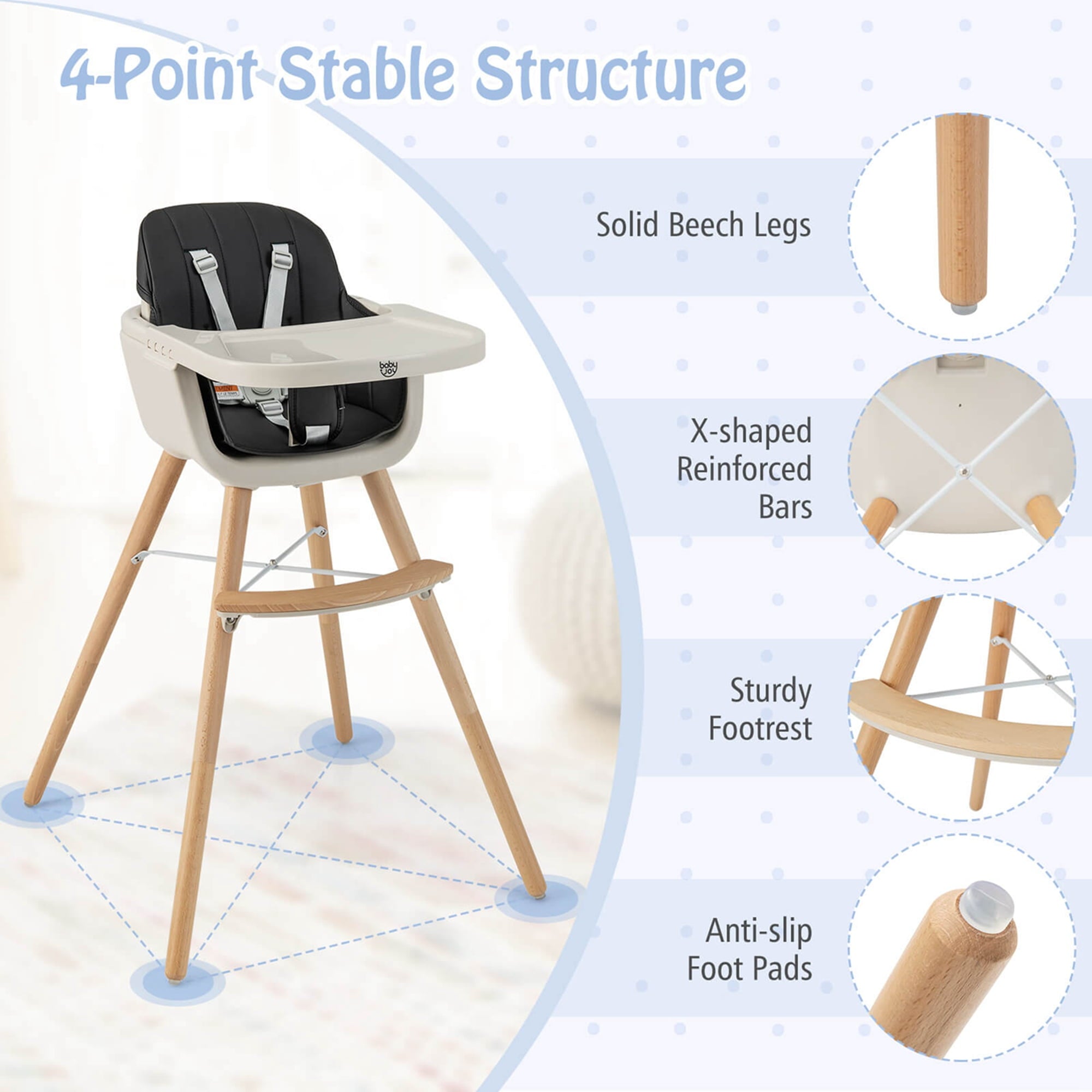 Babyjoy 3 in 1 Convertible Wooden High Chair Toddler Feeding Chair with Cushion Beige