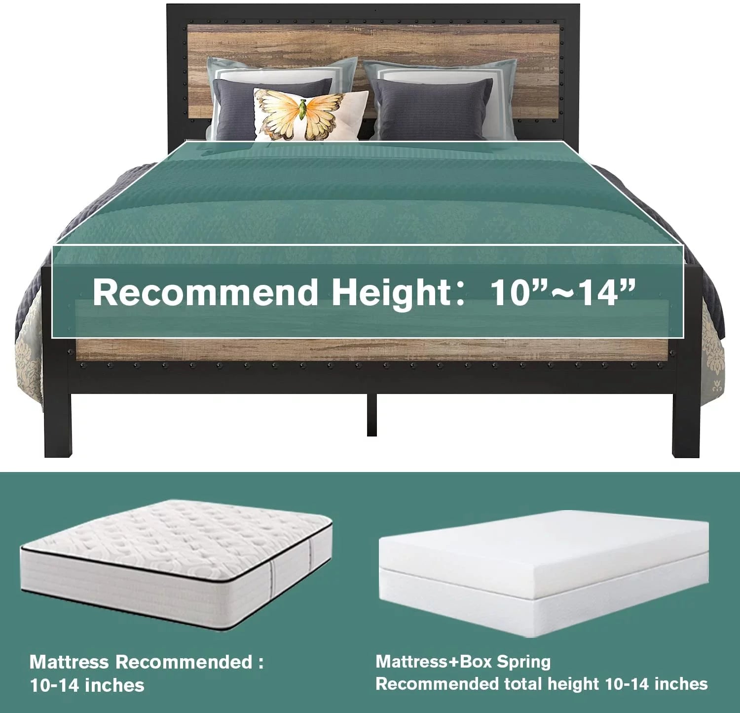 Allewie Brown Queen Size Metal Platform Bed Frame with Rivet Headboard and Black Frame, Industrial Wooden Headboard