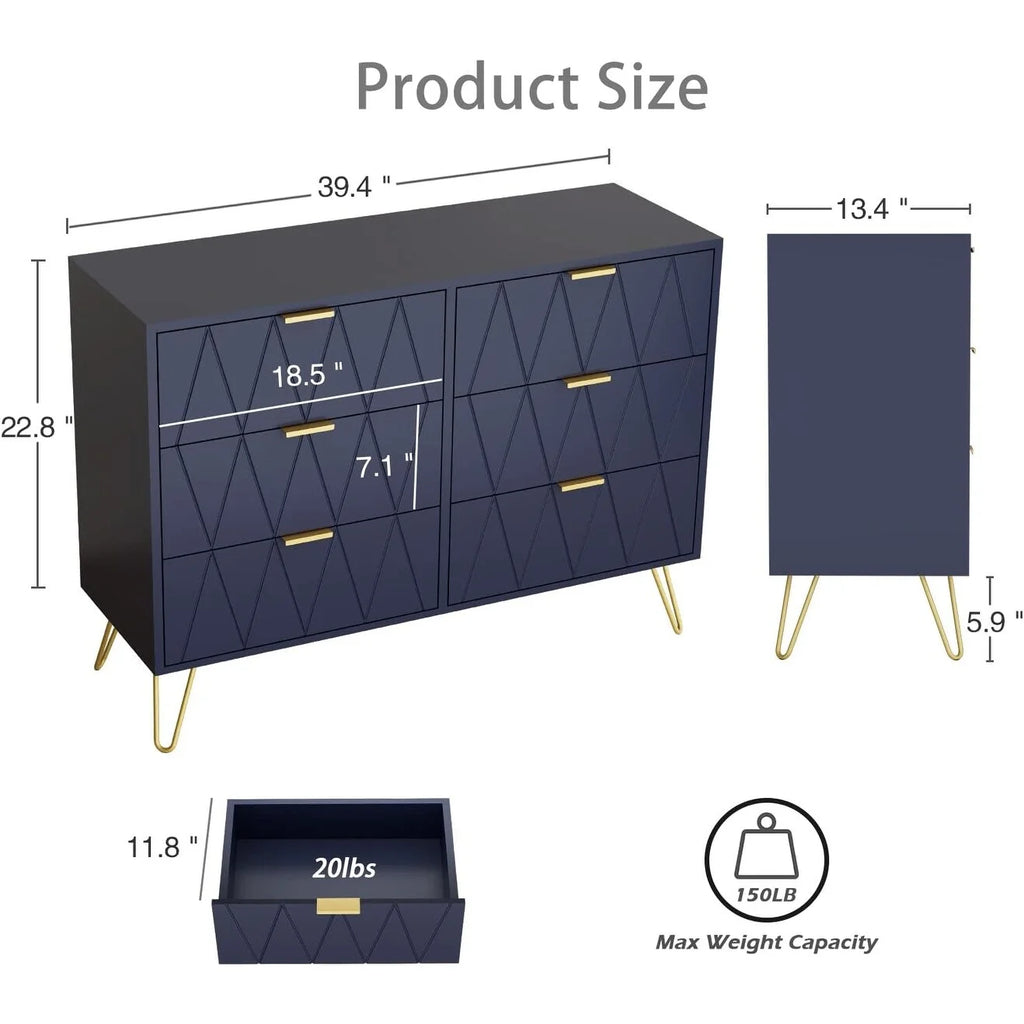 6 Drawer Dresser Drawer Chest Tall Storage Cabinet Organizer Unit Bedroom Living Room Medium-Navy Blue