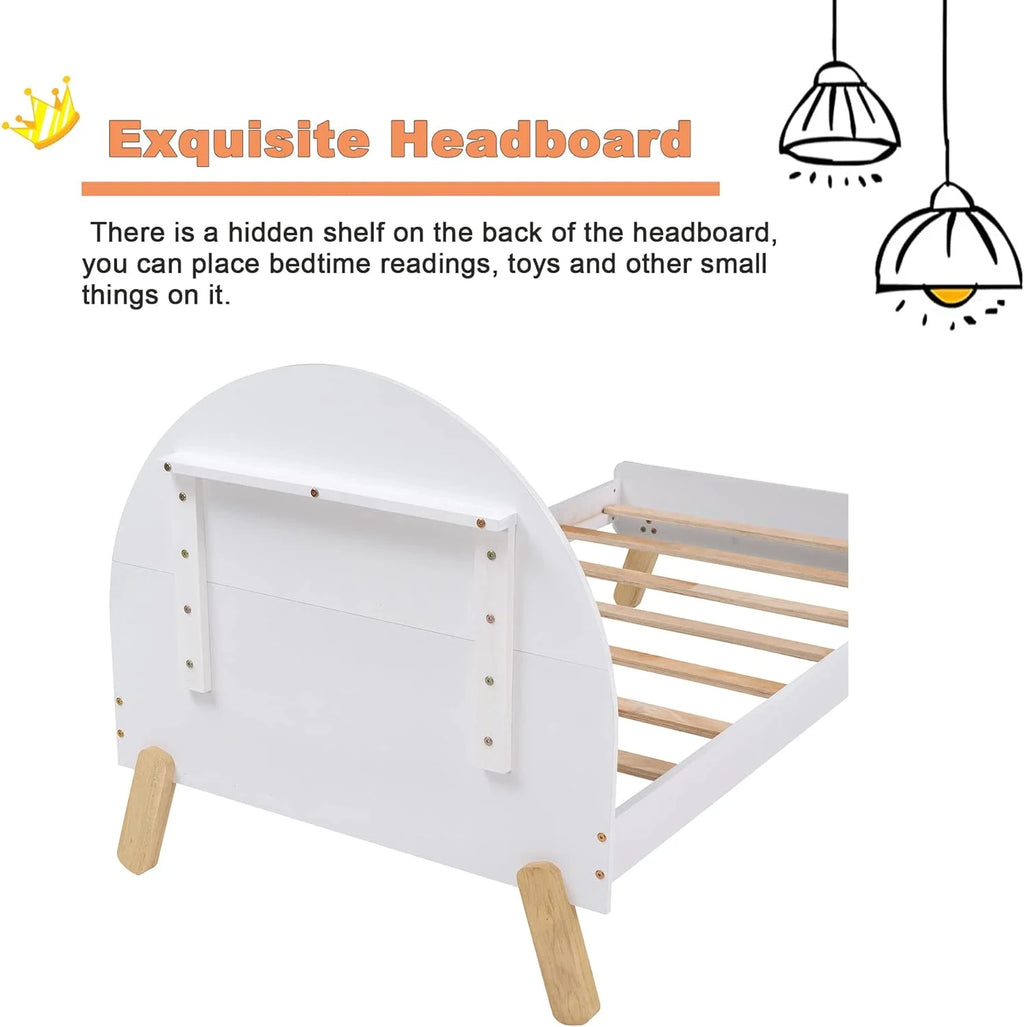 Bed Frames For Kids, Wood Cute Platform Bed With Curved Headboard, Size Bed With Shelf Behind Headboard For Boys Girls, No Box Spring Needed (White)