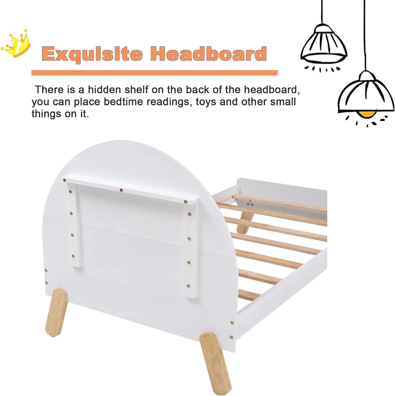 Bed Frames For Kids, Wood Cute Platform Bed With Curved Headboard, Size Bed With Shelf Behind Headboard For Boys Girls, No Box Spring Needed (White)