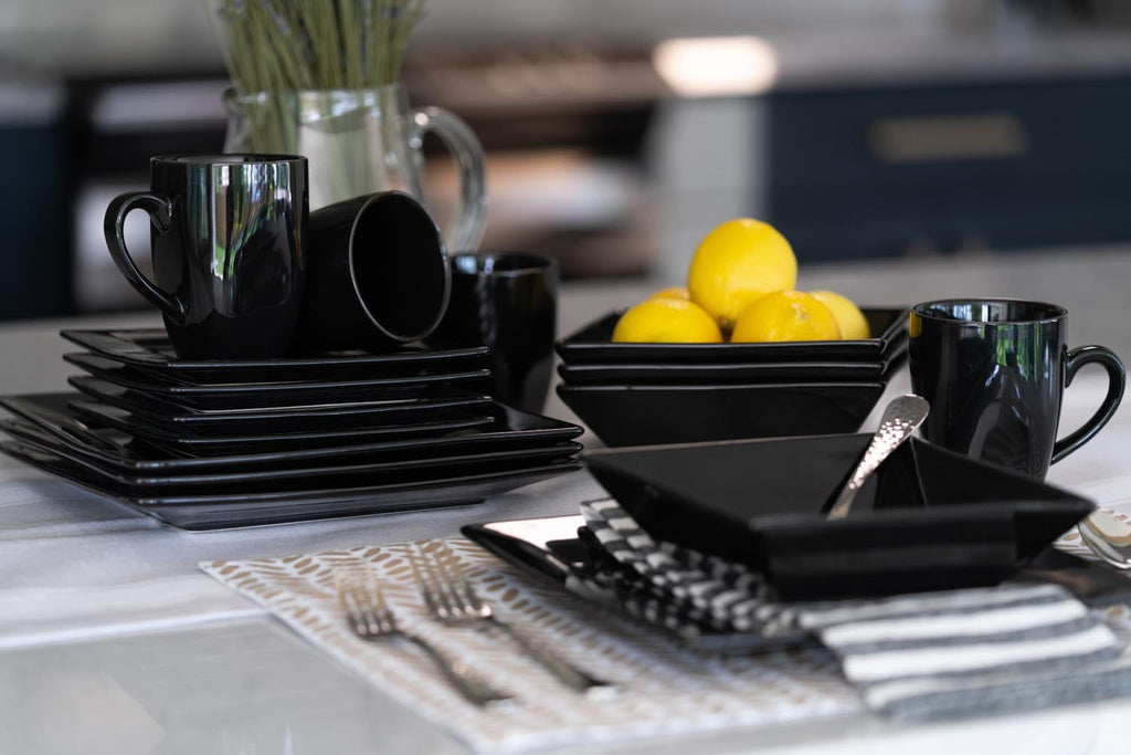 10 Strawberry Street Nova Square 16-Piece Stoneware Dinnerware Set, Black
