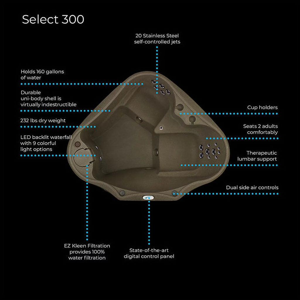 Aquarest Spas Powered By Jacuzzi® AR-300 Premium 2 Person - 20 Jet Oval Plug and Play Hot Tub with Ozonator - LED waterfall - 2hp pump - Brownstone