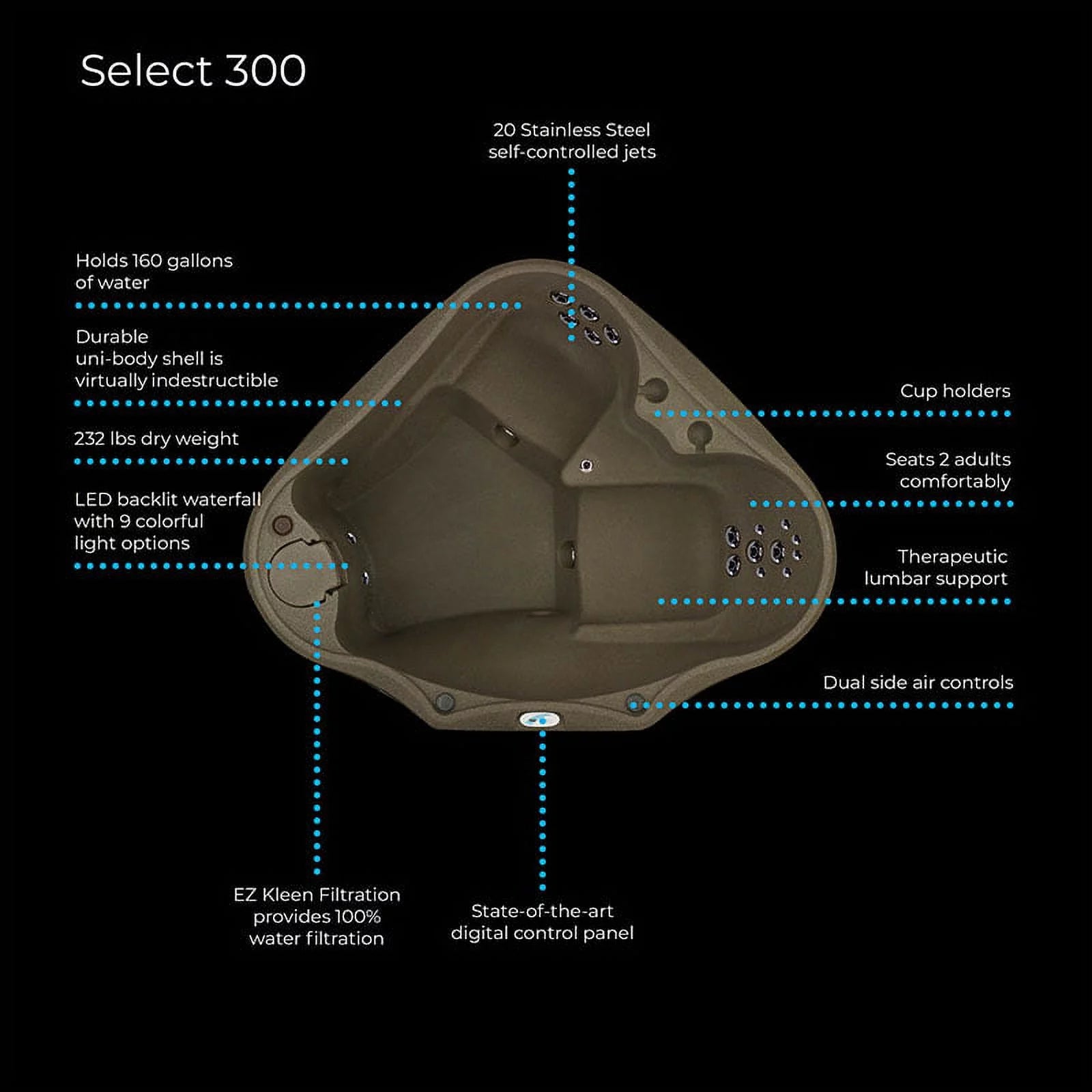 Aquarest Spas Powered By Jacuzzi® AR-300 Premium 2 Person - 20 Jet Oval Plug and Play Hot Tub with Ozonator - LED waterfall - 2hp pump - Brownstone