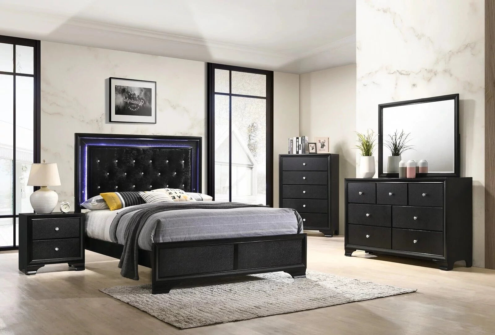 4pc Modern Glam Style Full Size Upholstery LED Bed Dresser Mirror Nightstand Set Wooden Bedroom Furniture Black