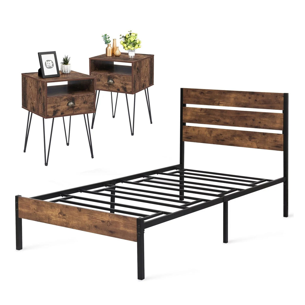 3-Pieces Bedroom Set with Rustic Brown Platform Bed Frame and Nightstands Set of 2 Brown Nightstands Twin