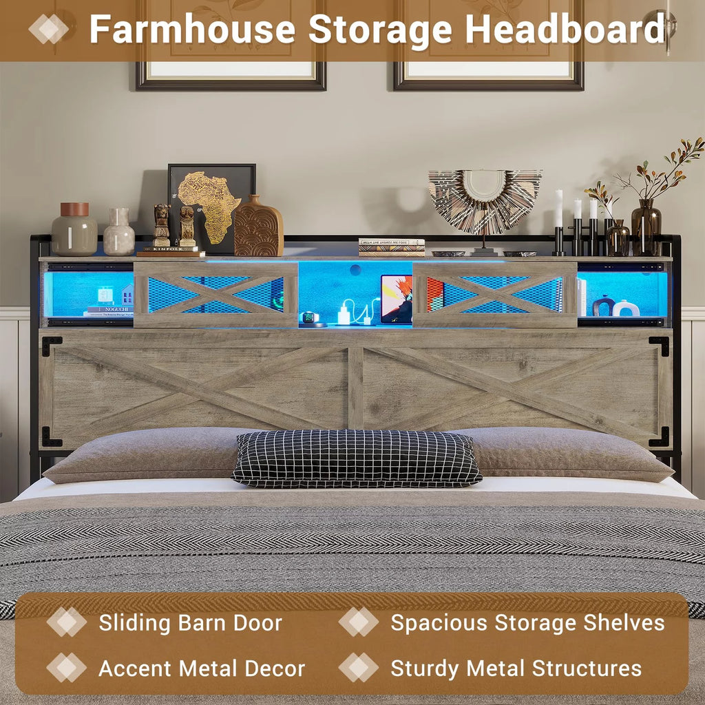 ADORNEVE Queen Size Bed Frame with LED Lights and Charging Station, Farmhouse Platform Bed with Storage Headboard with Sliding Barn Door, No Box Spring Needed, Oak Gray