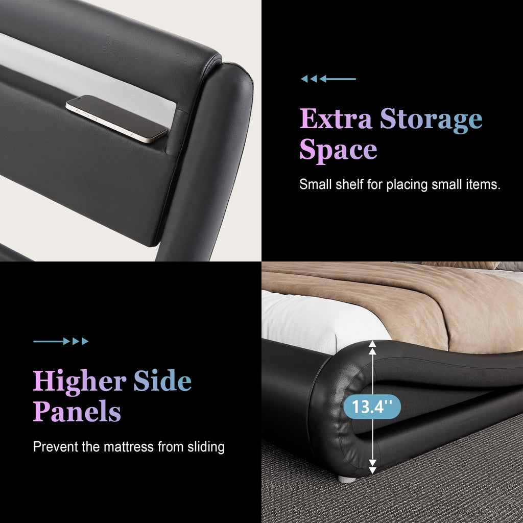 Amolife Queen Size Wave-Like Curve Deluxe Upholstered Modern Bed Frame with LED Headboard, Black