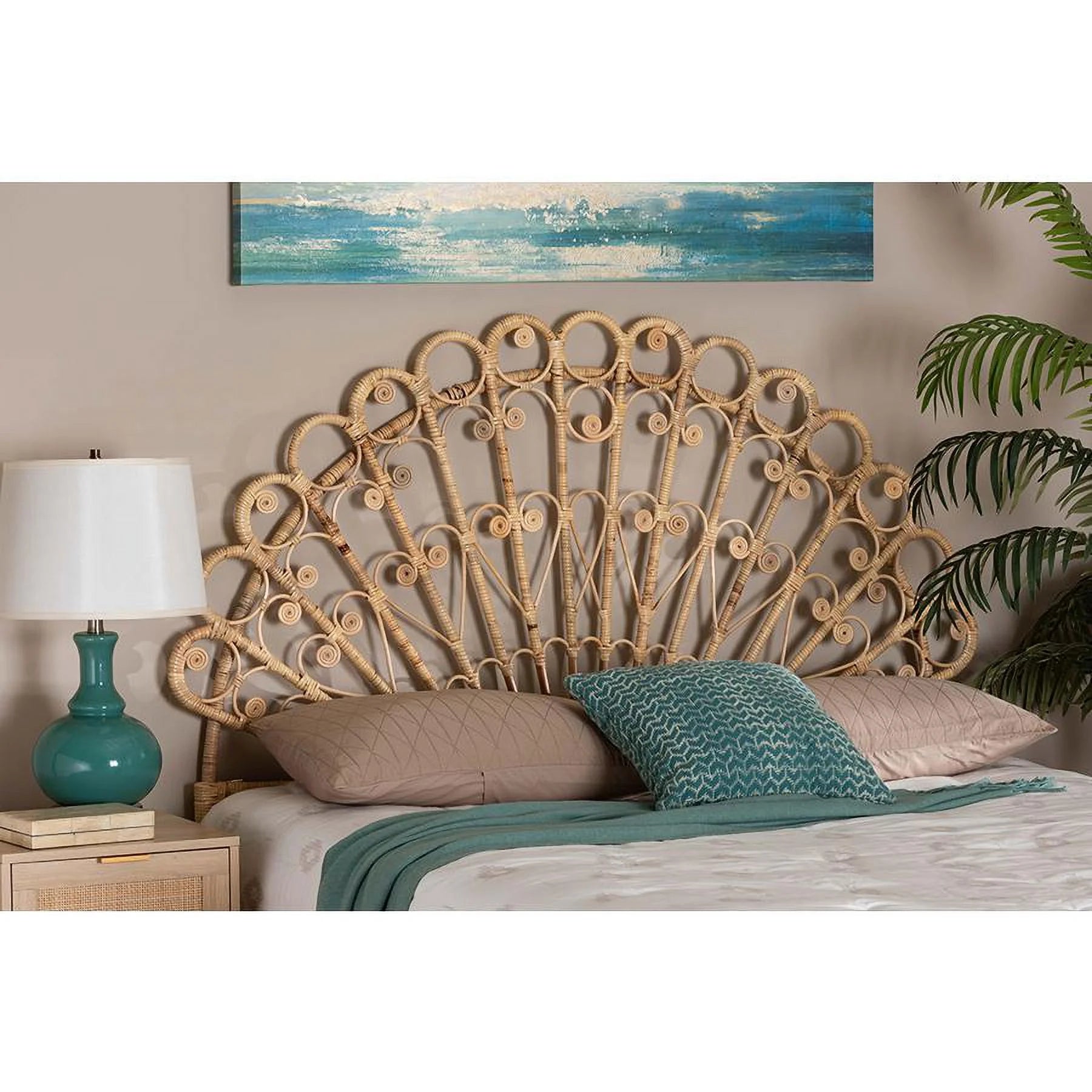 bali & pari Rasima Modern Bohemian Natural Brown Rattan Queen Size Standalone Headboard