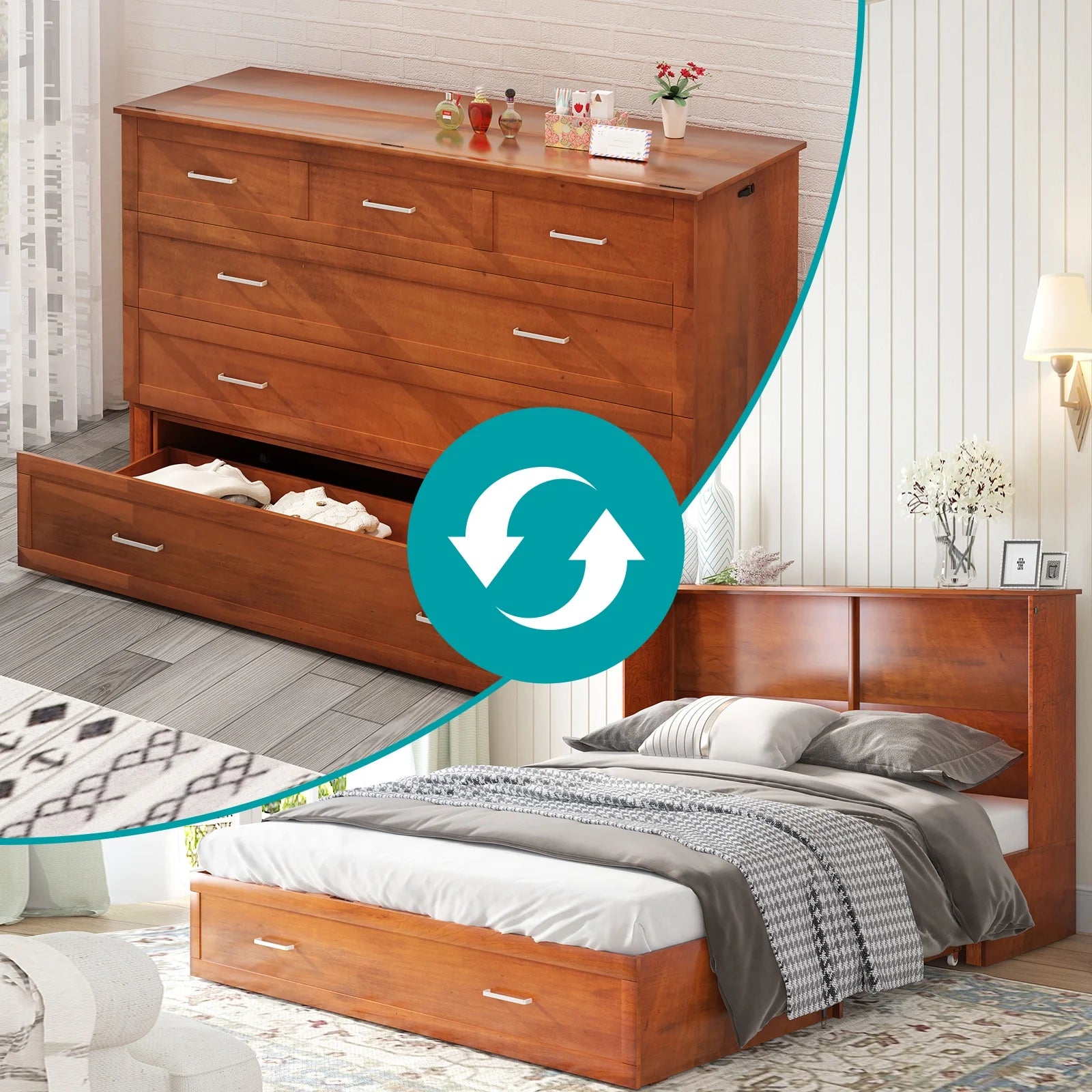 BALUS Murphy Bed Cabinet with Mattress,Modern Muti-Functional Cube Cabinet Bed with USB Charging Station&2 Large Drawers&3 Level Folding Foam Mattress for Living Room/Loft/Apartment,Queen (Cherry)