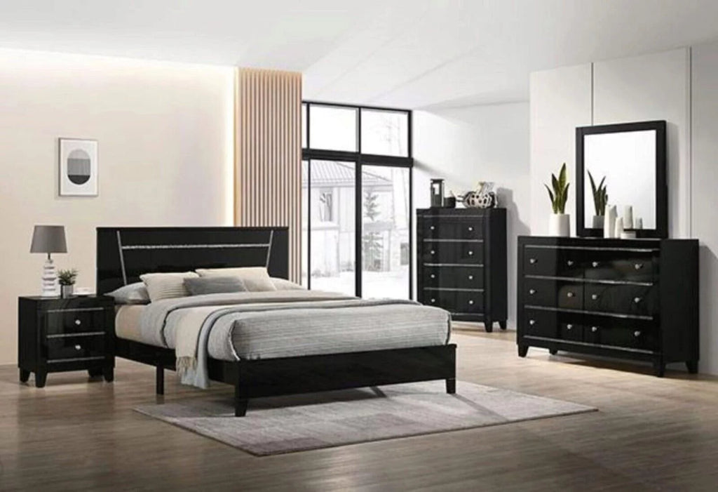 1pc Cal King Size Bed Black High Gloss Bedroom Furniture Contemporary Reinforced Support Legs Solid wood No Box Spring Required