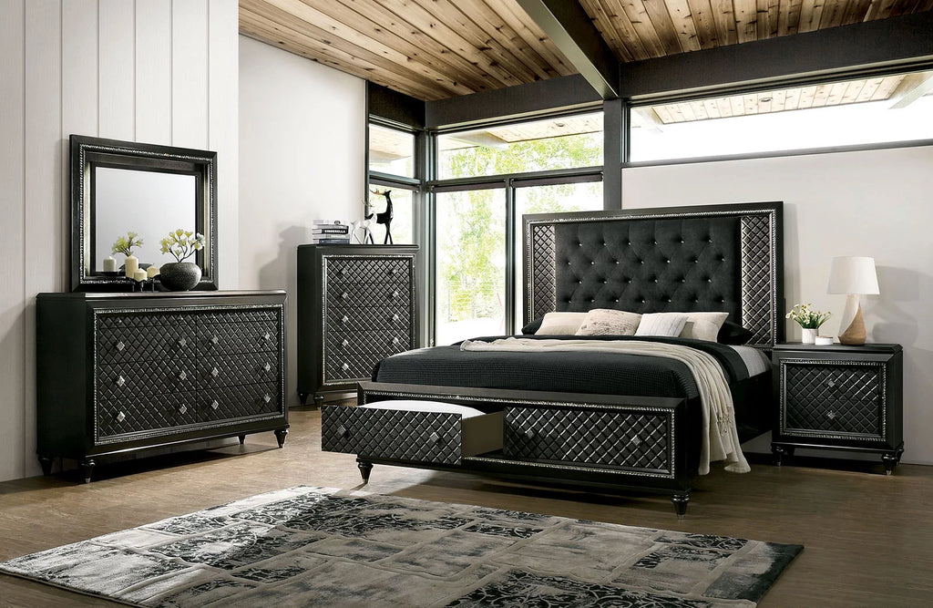 Bedroom Furniture 3pc Set California King Size Bed 2x Nightstands Metallic Gray Solid wood Black Fabric Tufted HB Drawers FB