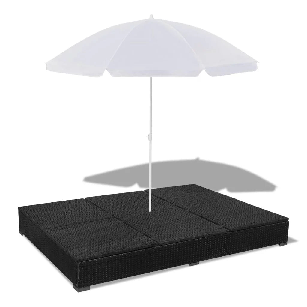Anself Patio Chaise Lounge Sun Lounger with Umbrella Adjustable, Weather Resistant Outdoor Wicker Sun Bed Poly Rattan Black 77.6" x 55" x 74.8" (L x W x H)