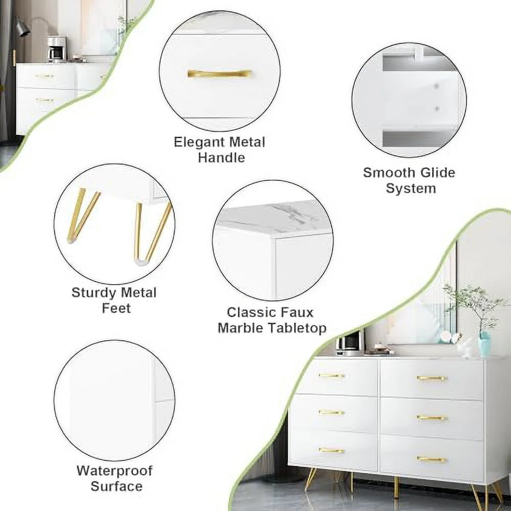 6 Drawer Dresser for Bedroom  White Dresser   Large Double Dresser with Faux Marble Top and Wide Drawers   Organizer Dresser  Chests of Drawers for Hallway  Living Room  Bedroom