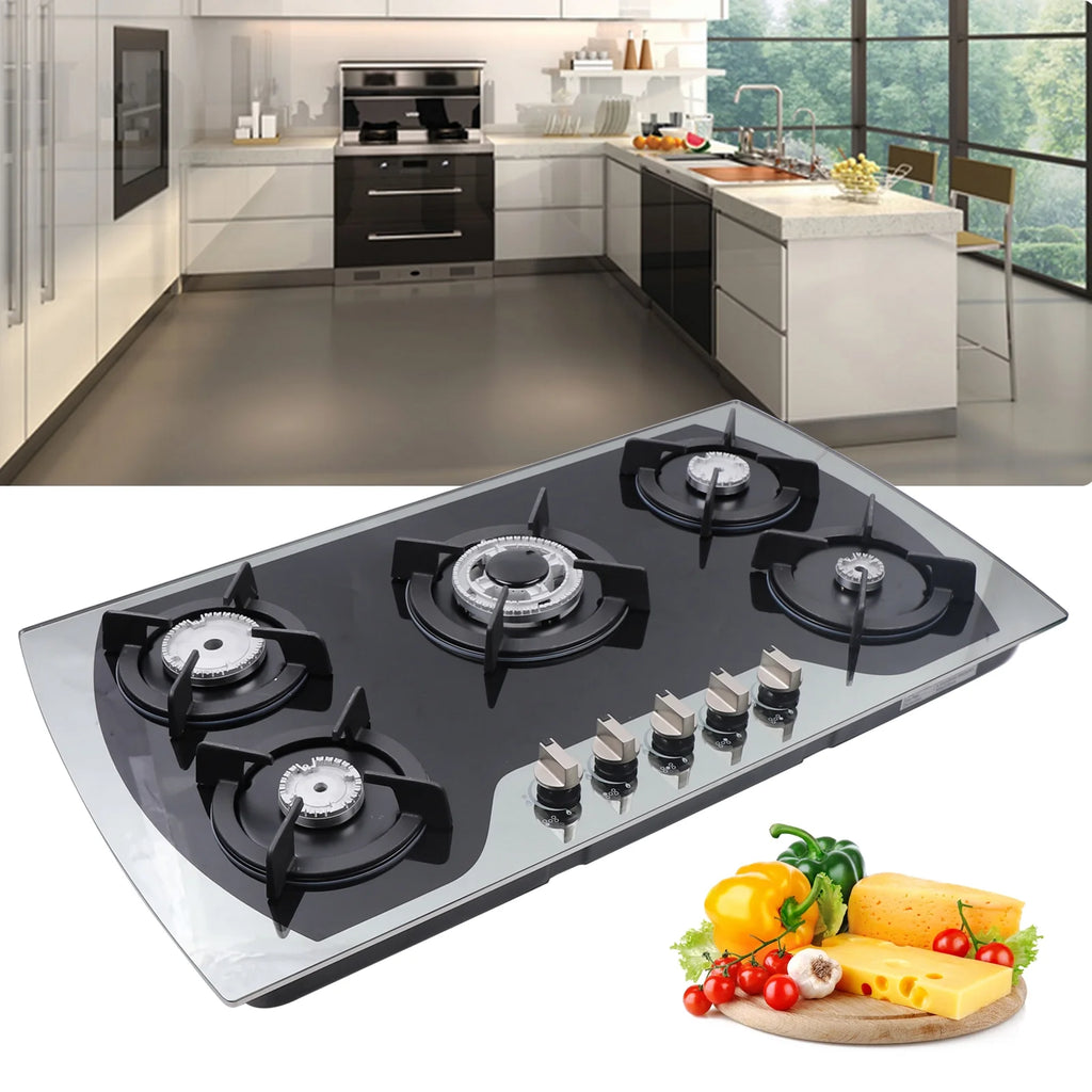 35 Inch Built-in Gas Cooktop 5 Burners Gas Stove Gas Hob Stovetop Stainless Steel Cooktop Cast Iron Grates, Black