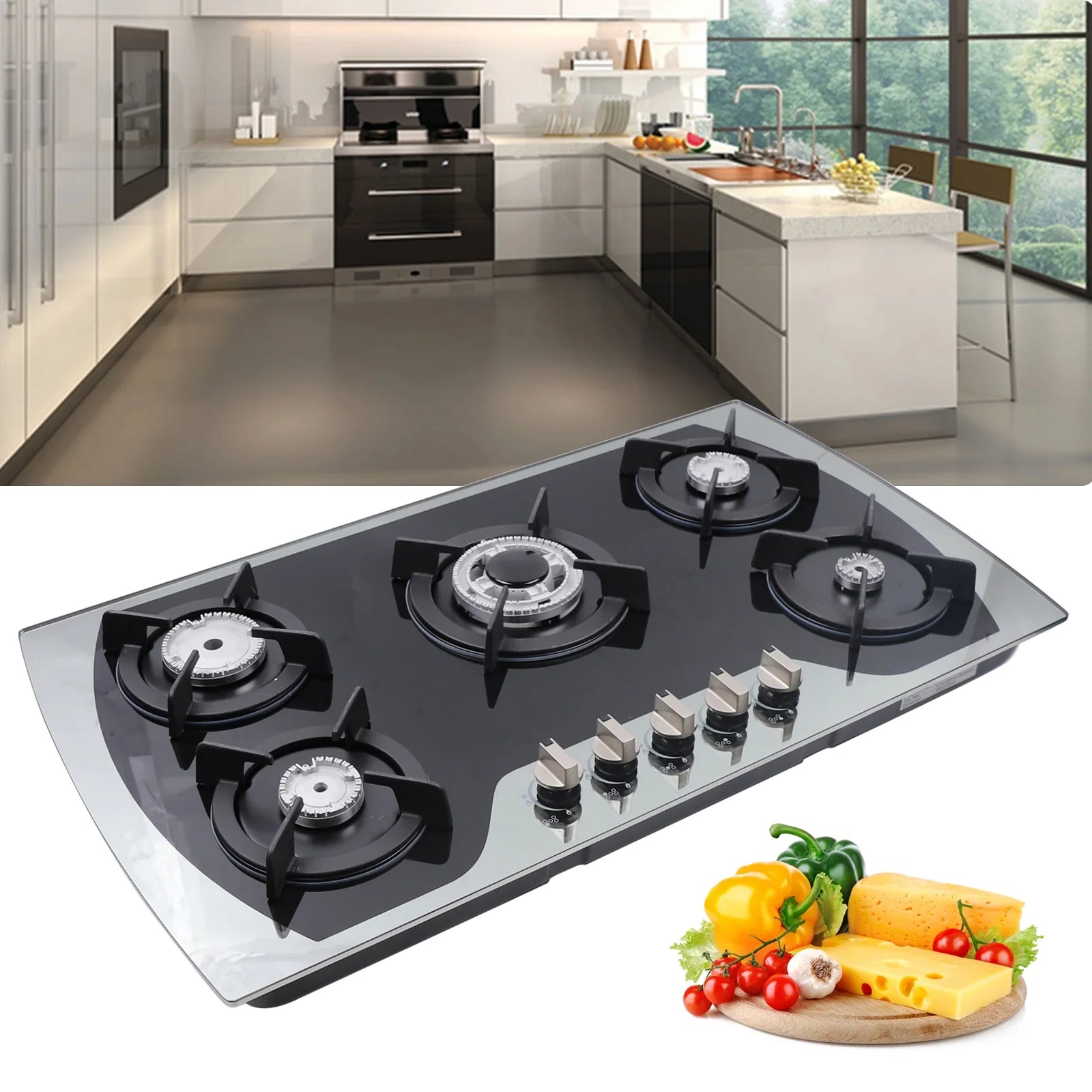 35 Inch Built-in Gas Cooktop 5 Burners Gas Stove Gas Hob Stovetop Stainless Steel Cooktop Cast Iron Grates, Black