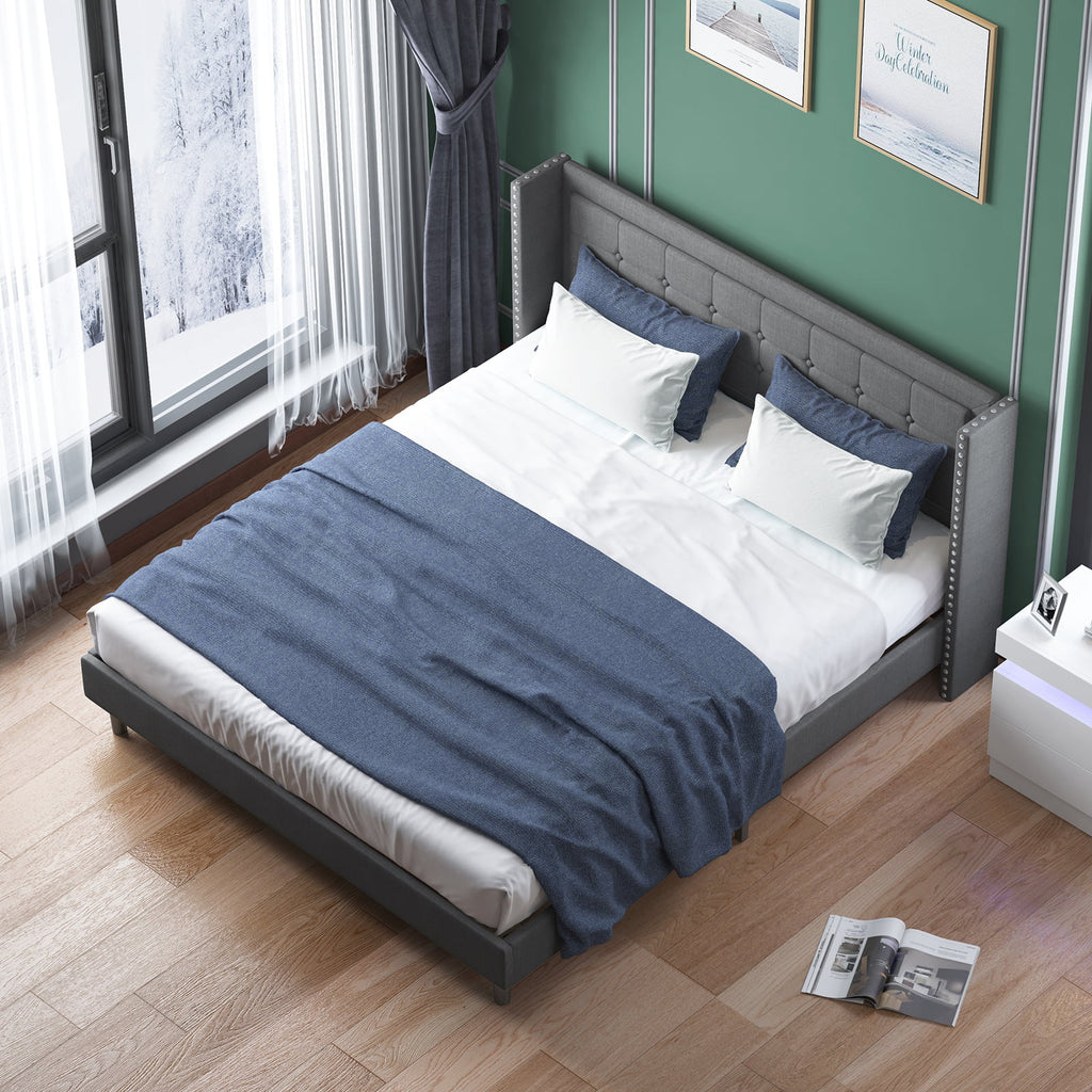 BALUS Full Bed Frame with Upholstered Headboard, Linen Fabrics, Metal Frame and Wood Slats Support, Madison Bed with Classic Modern Design, Easy Assembly, No Box Spring, Dark Gray