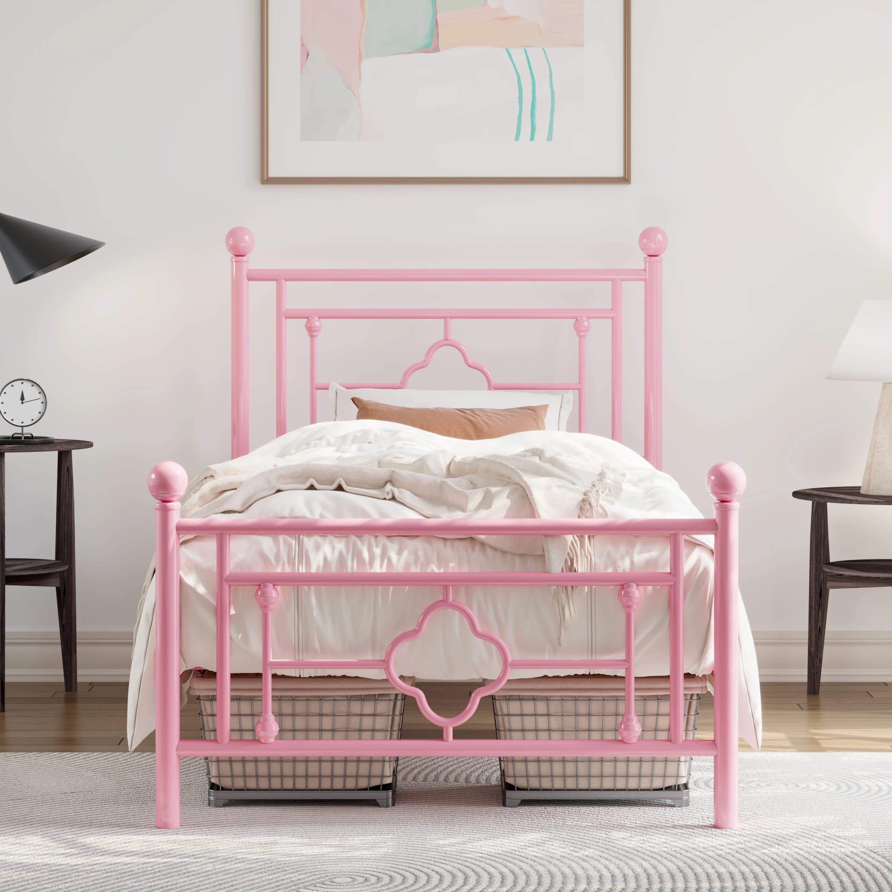 Allewie Twin Size Metal Platform Bed Frame with Victorian Vintage Headboard and Footboard, Pink
