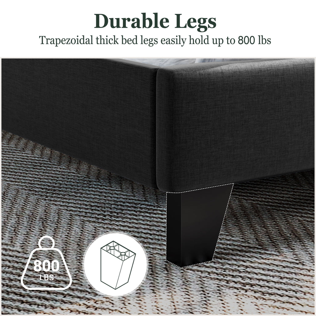 Amolife Queen Size Platform Bed with Wingback Headboard, Square Stitched Style, Dark Grey