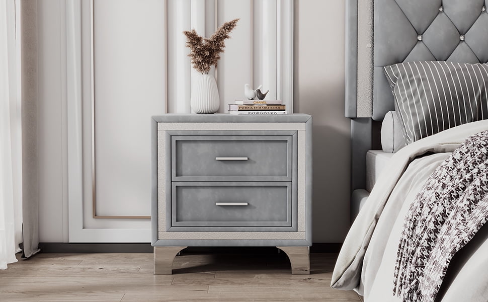 2-Drawer Nightstand with Metal Legs for Bedroom,Velvet Bedside Table-Gray
