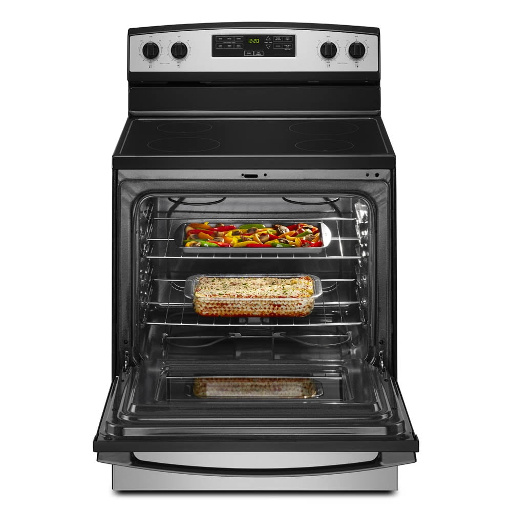 Amana® Brand New Model - AER6303MMS 30-inch Electric Range with 4.8 Cu ft oven. - assembled product Depth: 27.5” - assembled product height: 46.08” - assembled product Width: 30”