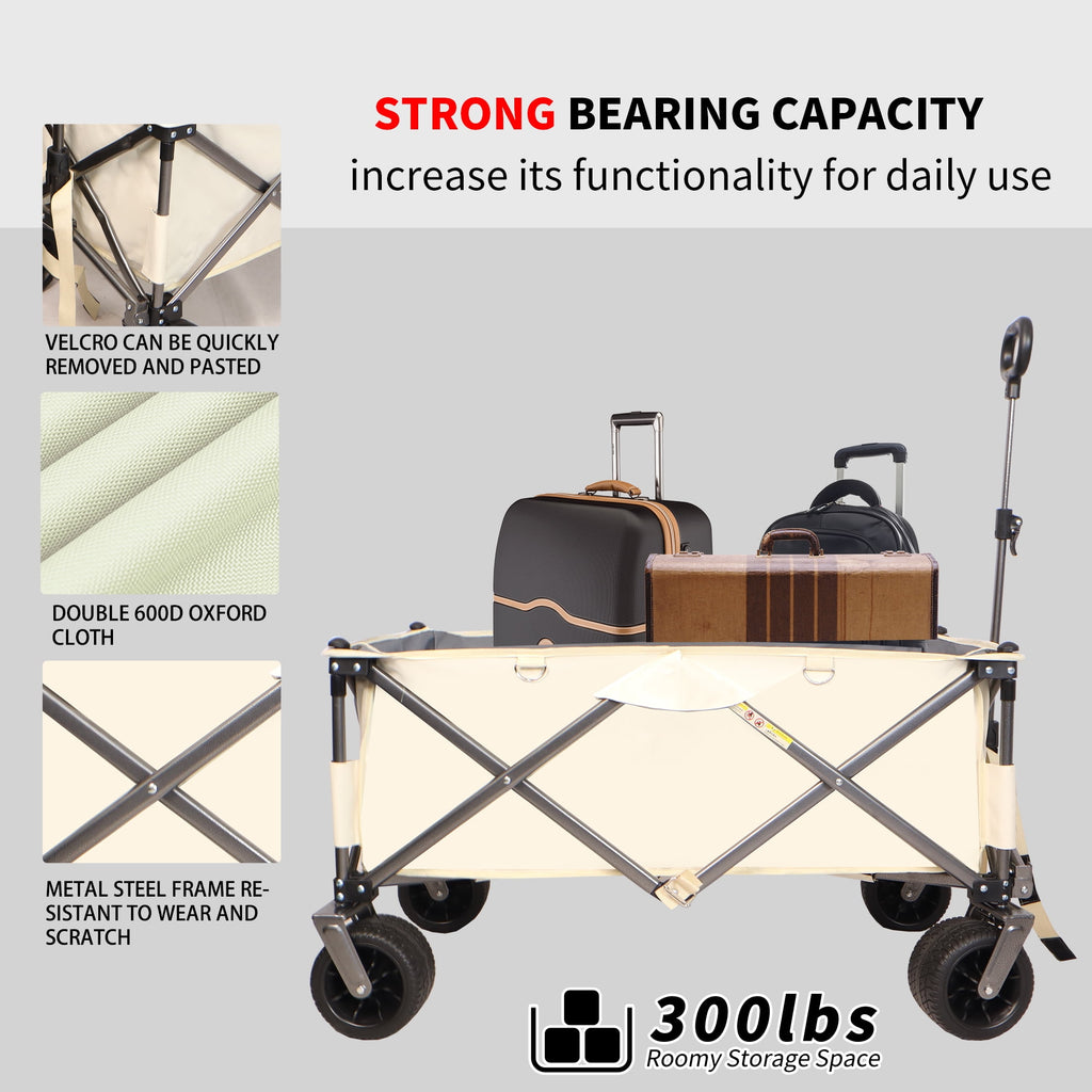 Al Fresco Collapsible Beach Wagon Cart Heavy Duty 225 lbs, Garden Wagon Cart with Big All-Terrain Wheels for Camping, White + Gray
