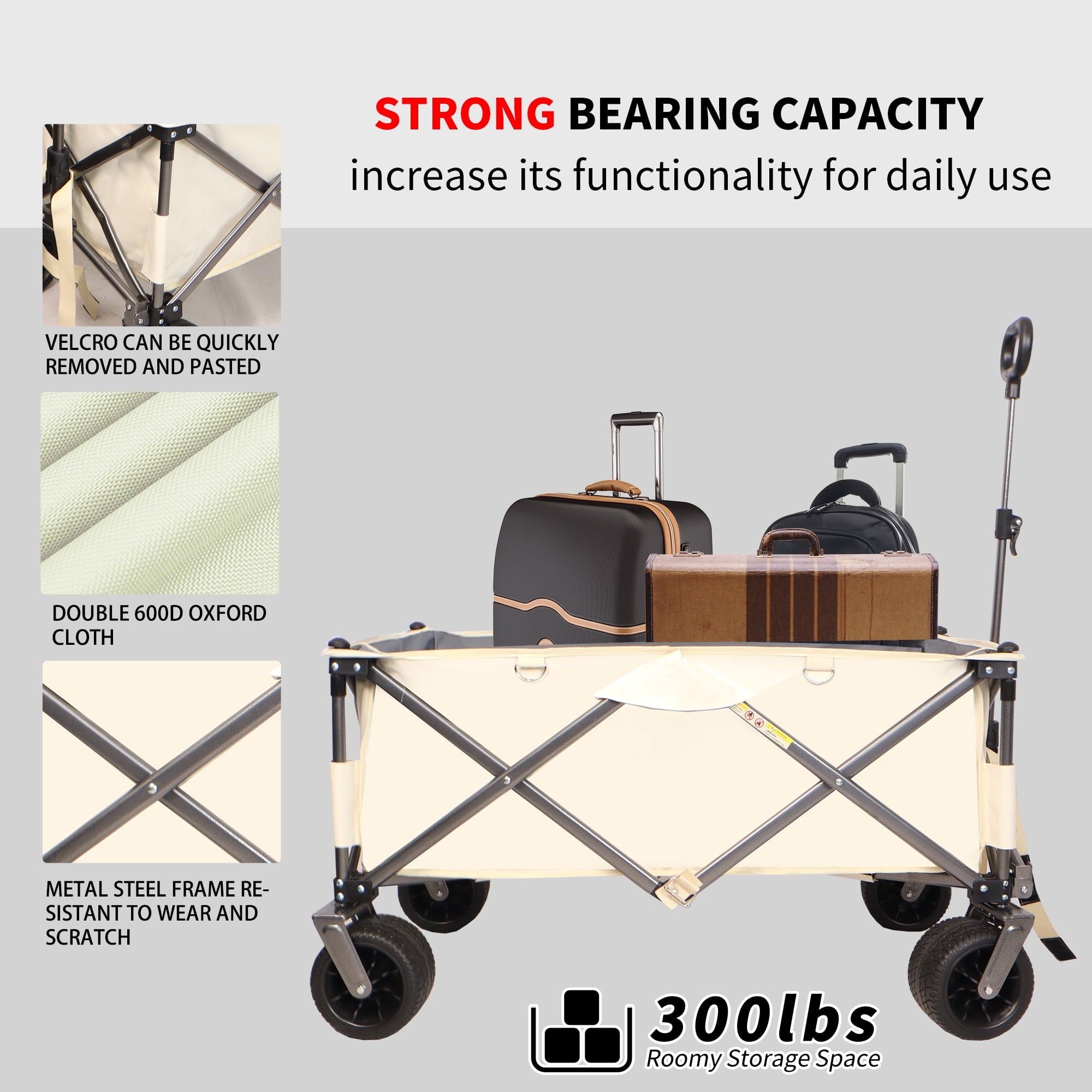 Al Fresco Collapsible Beach Wagon Cart Heavy Duty 225 lbs, Garden Wagon Cart with Big All-Terrain Wheels for Camping, White + Gray