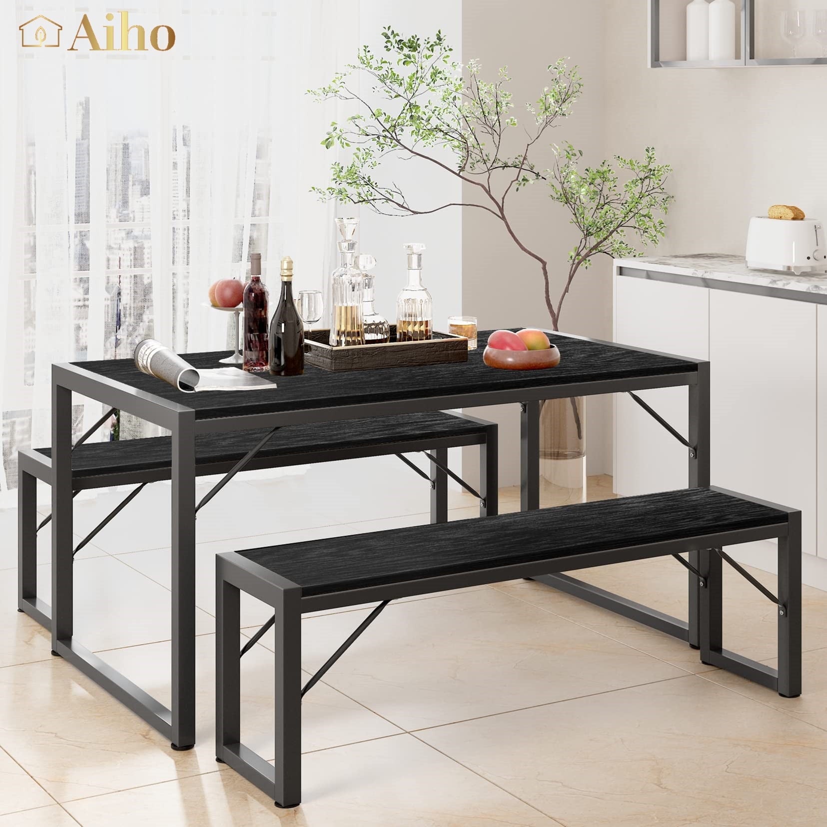 Aiho 45.5" Dining Table Set for 4, Kitchen Table with 1 Table & 2 Benches, Dining Room Set for Small Spaces - Gray
