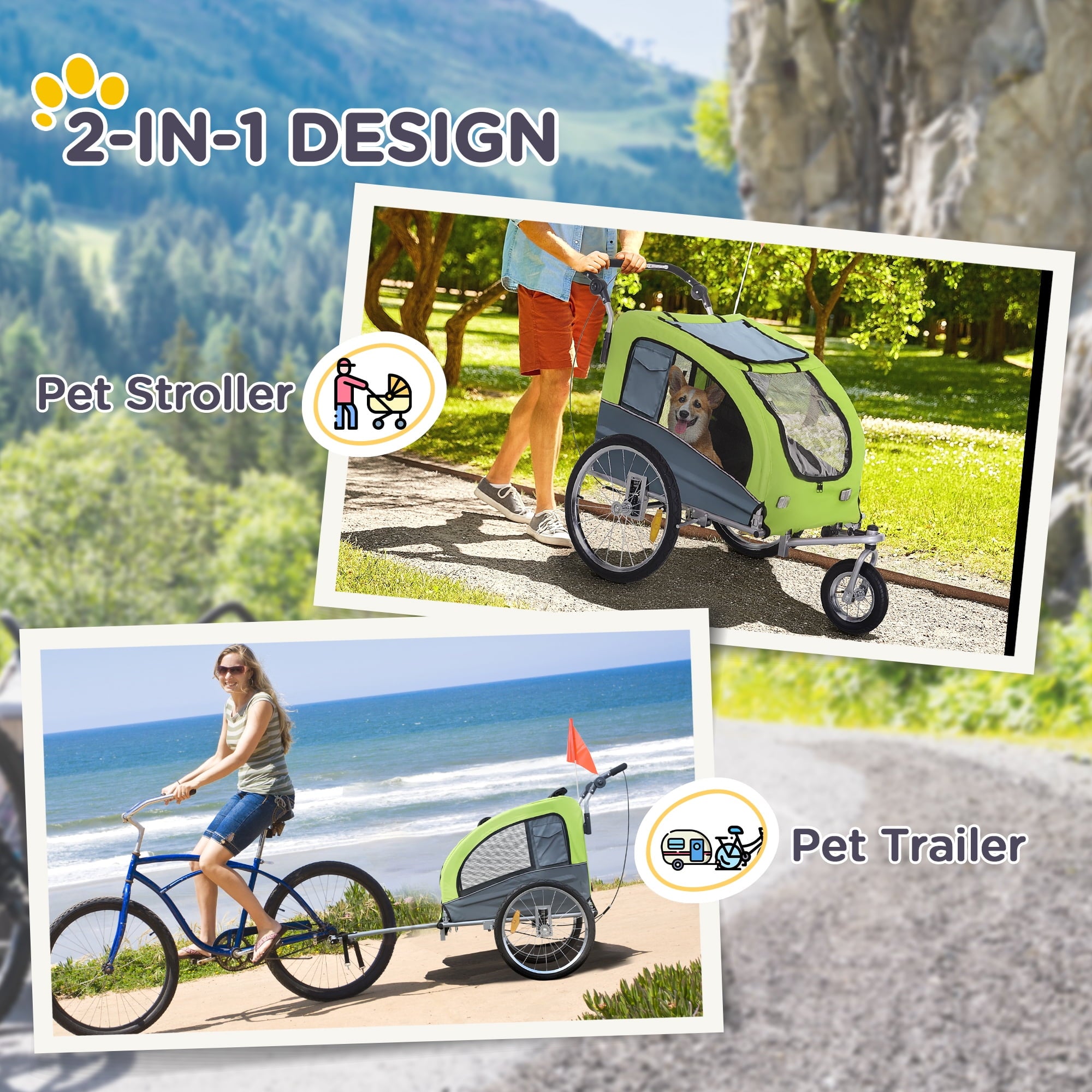 Aosom Dog Bike Trailer 2-In-1 Pet Stroller with Canopy and Storage Pockets, White