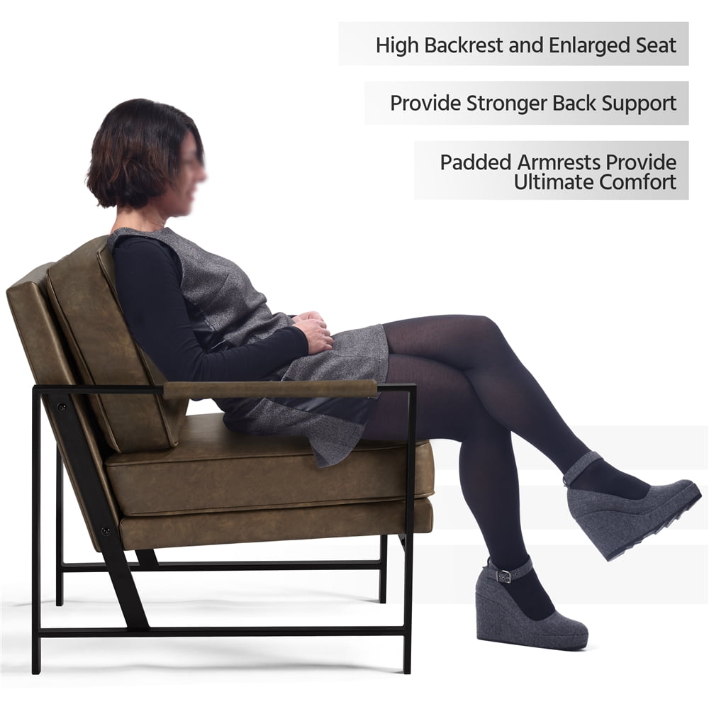 Alden Design Mid-Century Modern Accent Chair with Metal Frame, Brown Faux Leather