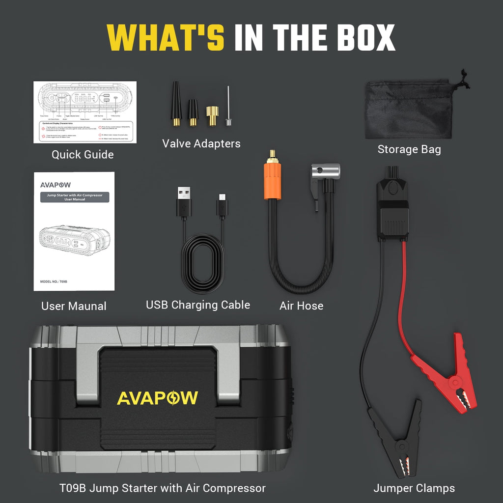 AVAPOW Jump Starter with Air Compressor, 2000A Battery Jump Starter (up to 8.0L Gas/6.0L Diesel Engines), 150PSI Digital Tire Inflator, 12V Jump Box with Emergency Light