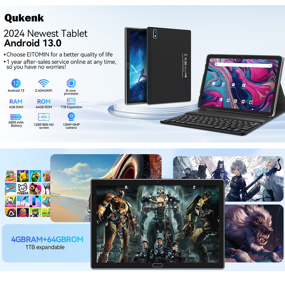 Android 13 Tablet 10.1" Android Tablet, 4gb+64gb Storage Tablet with Keyboard, Google GMS Certified, Dual 13MP+5MP Camera, WiFi, Bluetooth, GPS, IPS Full HD Display