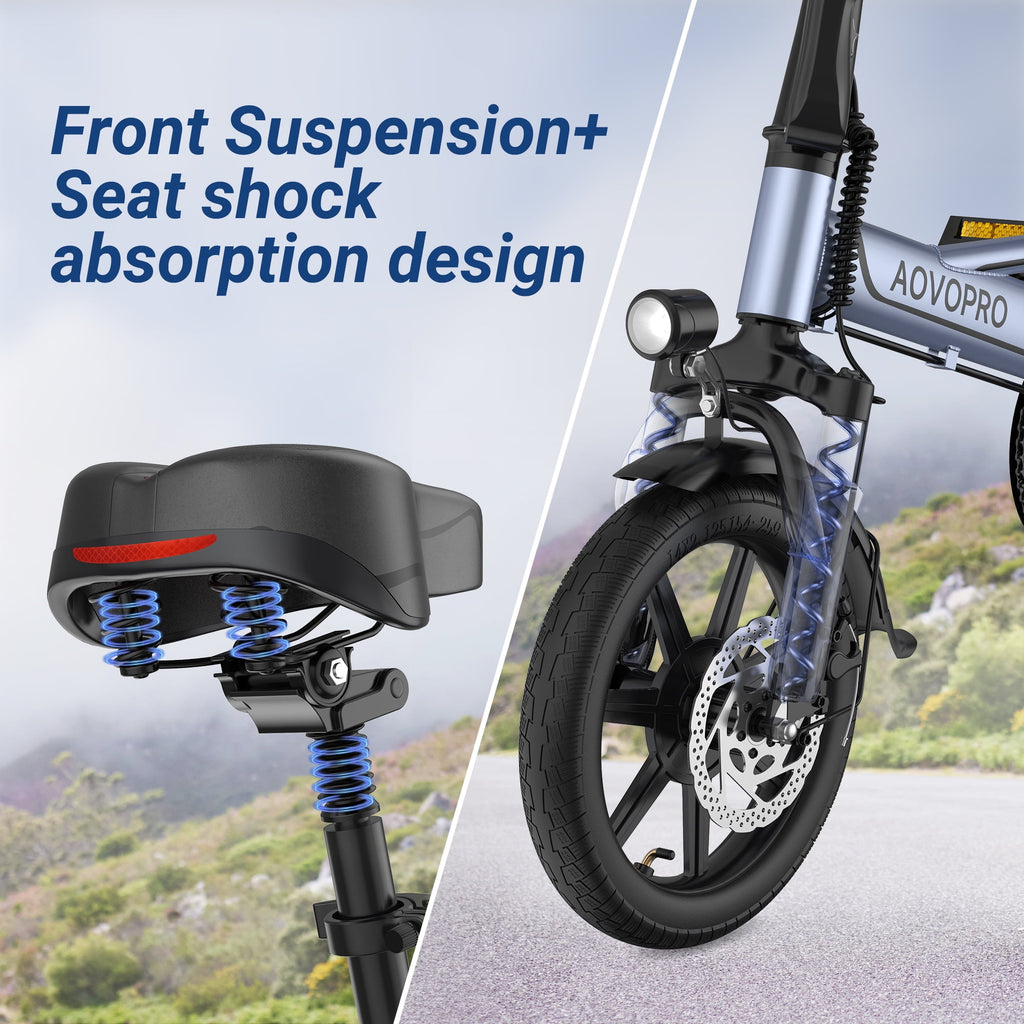 AOVOPRO EB60P Electric Bike 500W 48V 15.6Ah, 14' Mini Ebike for City Commuter, Folding Electric Bicycle for Adult with Two Seats UL2849