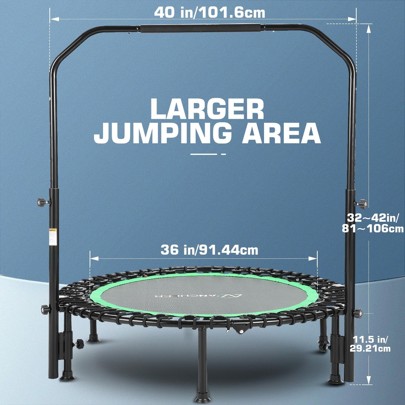 ANCHEER 40" Foldable Mini Trampoline with Bungees, Fitness Trampoline Workout Max Load 450lbs, Adjustable Foam Handle, Indoor Exercise Trampoline, Green