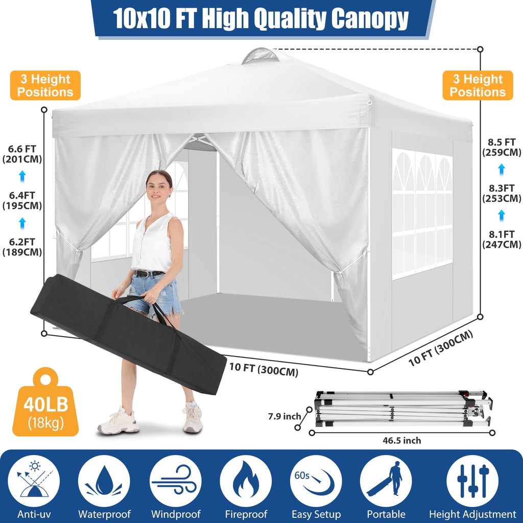 10'x10' EZ Pop Up Canopy with Top Vent, Large Commercial Tent, Waterproof and Sunproof with 4 Removable Sidewalls, Suitable for Weddings come with 4 Sandbags (Black)