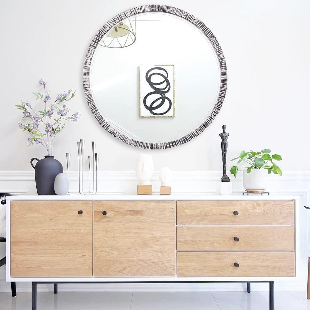 35" Wood Round Mirror, Rustic Wall Mirror with Thick Frame, Large Round Mirror for Wall Decor, Wooden Circle Beveled Mirror for Entryway, Farmhouse, Washed White